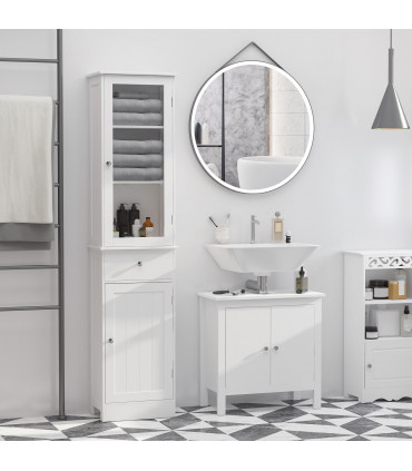 Bathroom Storage Cabinet White 40cmx27cmx171.5cm 3-tier Shelf Drawer Glass Door