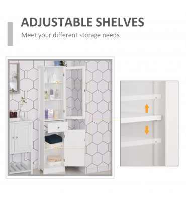 Bathroom Storage Cabinet White 40cmx27cmx171.5cm 3-tier Shelf Drawer Glass Door