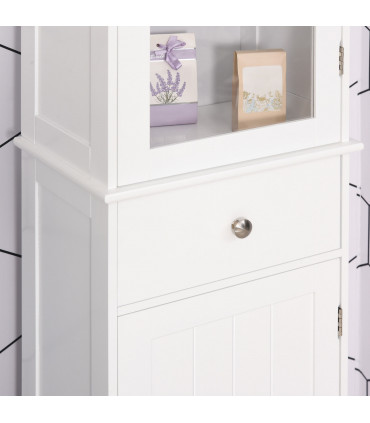 Bathroom Storage Cabinet White 40cmx27cmx171.5cm 3-tier Shelf Drawer Glass Door