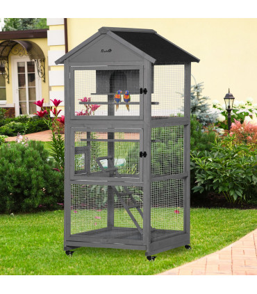 Bird Cage Wooden Aviary for Canary Cockatiel Parrot w/ Wheels Tray