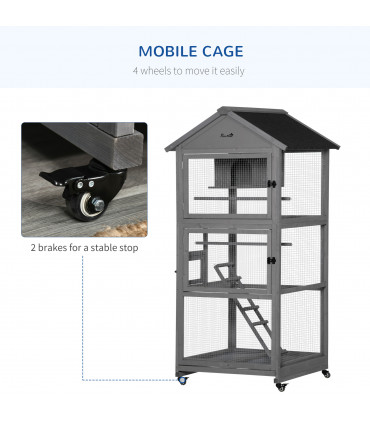 Bird Cage Wooden Aviary for Canary Cockatiel Parrot w/ Wheels Tray
