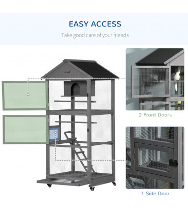 Bird Cage Wooden Aviary for Canary Cockatiel Parrot w/ Wheels Tray