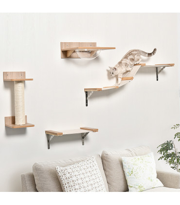 Cat Tree 4PCs Wall-mounted Shelf Set Climbing Tower W/ Hammock Scratching Post