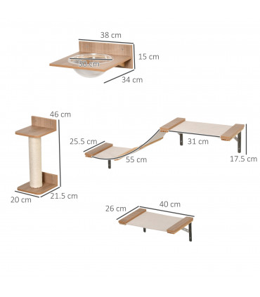 Cat Tree 4PCs Wall-mounted Shelf Set Climbing Tower W/ Hammock Scratching Post