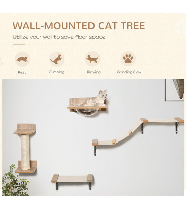 Cat Tree 4PCs Wall-mounted Shelf Set Climbing Tower W/ Hammock Scratching Post