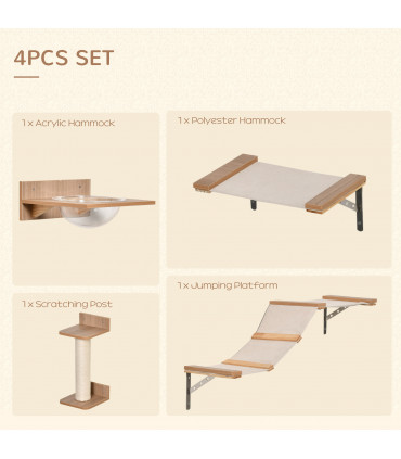 Cat Tree 4PCs Wall-mounted Shelf Set Climbing Tower W/ Hammock Scratching Post