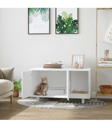 Cat Litter Box Enclosure & House w/ Nightstand/End Table Design, White Pawhut