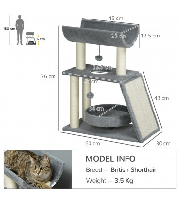 Cat Tree Tower Light Grey Plush 60L x 30W x 76H cm Scratching Posts Pad Toy Ball