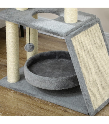 Cat Tree Tower Light Grey Plush 60L x 30W x 76H cm Scratching Posts Pad Toy Ball