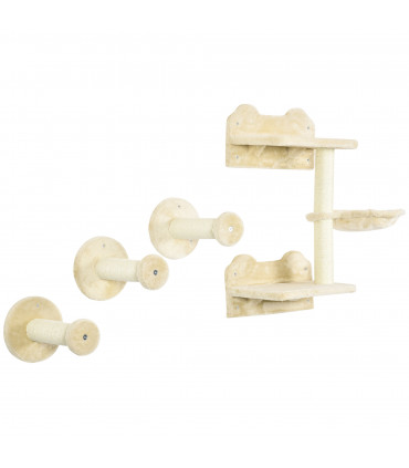 Cat Shelf with Scratching Post, Wall-Mounted Cat Tree - Beige, 73H x 40L x 28Wcm