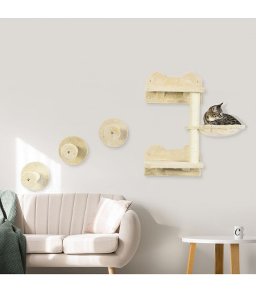 Cat Shelf with Scratching Post, Wall-Mounted Cat Tree - Beige, 73H x 40L x 28Wcm