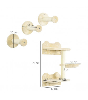 Cat Shelf with Scratching Post, Wall-Mounted Cat Tree - Beige, 73H x 40L x 28Wcm