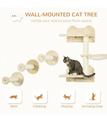 Cat Shelf with Scratching Post, Wall-Mounted Cat Tree - Beige, 73H x 40L x 28Wcm