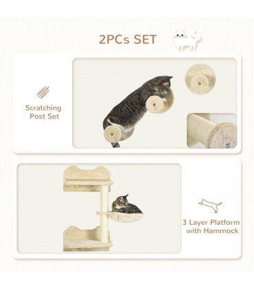 Cat Shelf with Scratching Post, Wall-Mounted Cat Tree - Beige, 73H x 40L x 28Wcm