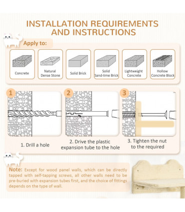 Cat Shelf with Scratching Post, Wall-Mounted Cat Tree - Beige, 73H x 40L x 28Wcm