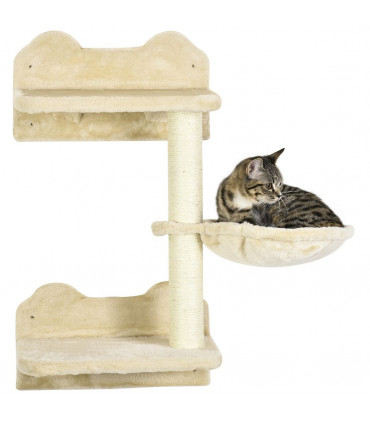 Cat Shelf with Scratching Post, Wall-Mounted Cat Tree - Beige, 73H x 40L x 28Wcm