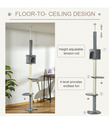 Cat Tree Light Grey 40L x 40W x 217H cm Four-layer Pet Playhouse Scratching Post