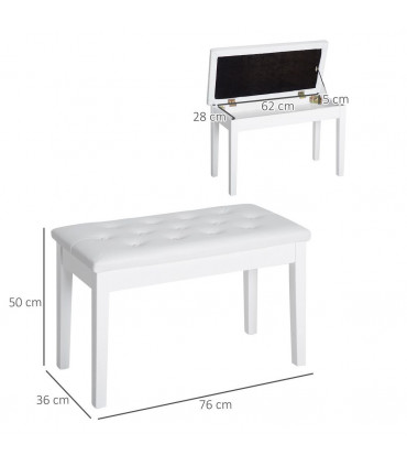 Piano Bench Makeup Padded Seat Stool Solid Wood White 76L x 36W x 50H (cm)