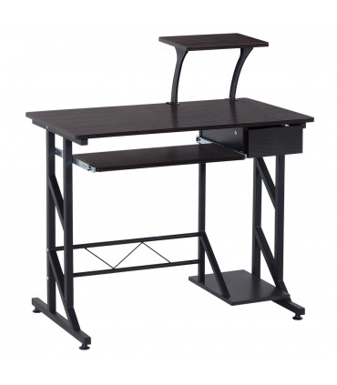 Computer Desk Steel  Quality Office Home PC Shelf Tray Wood Station Dark Brown