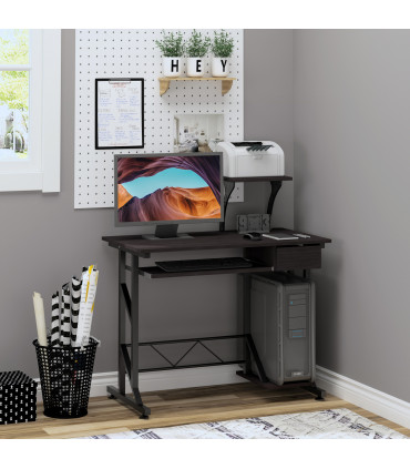 Computer Desk Steel  Quality Office Home PC Shelf Tray Wood Station Dark Brown