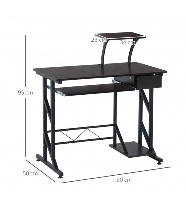 Computer Desk Steel  Quality Office Home PC Shelf Tray Wood Station Dark Brown
