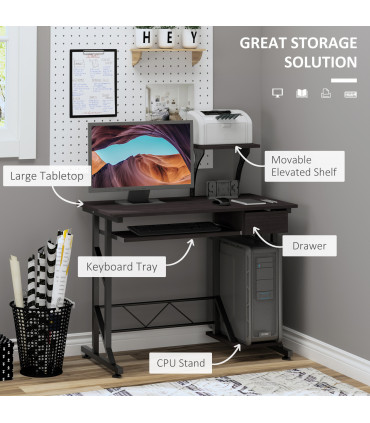 Computer Desk Steel  Quality Office Home PC Shelf Tray Wood Station Dark Brown