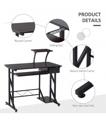 Computer Desk Steel  Quality Office Home PC Shelf Tray Wood Station Dark Brown