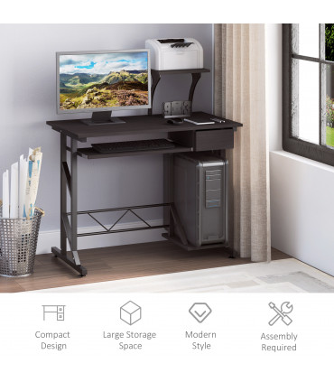 Computer Desk Steel  Quality Office Home PC Shelf Tray Wood Station Dark Brown