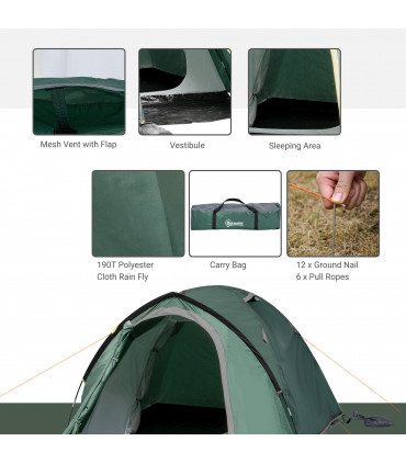 Camping Tent w/ Vestibule & Mesh Vents for Hiking Green 325L x 183W x 130H cm