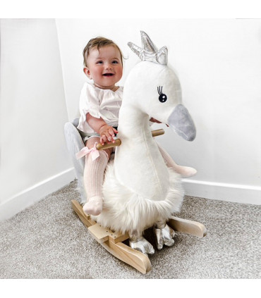 Plush White and Grey 59H x 60L x 33Wcm Ride-On Rocking Swan with Sound