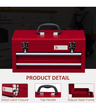 Metal Red 46L x 24W x 22H cm 2 Drawer Tool Chest with Ball Bearing Slide Drawers