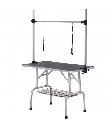Dog Grooming Table Metal Adjustable Rubber Top 2 Safety Slings Mesh Black