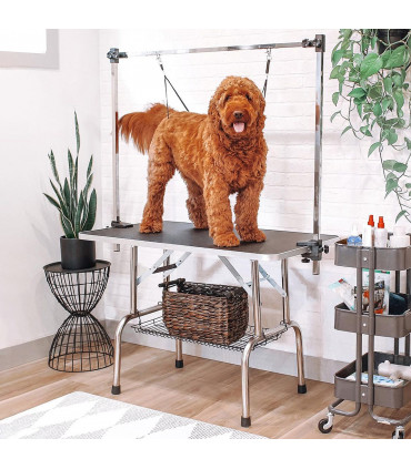 Dog Grooming Table Metal Adjustable Rubber Top 2 Safety Slings Mesh Black