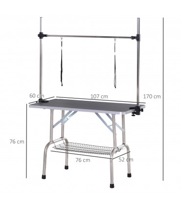 Dog Grooming Table Metal Adjustable Rubber Top 2 Safety Slings Mesh Black