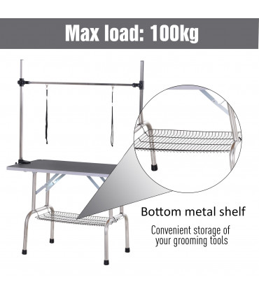 Dog Grooming Table Metal Adjustable Rubber Top 2 Safety Slings Mesh Black