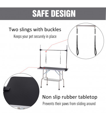 Dog Grooming Table Metal Adjustable Rubber Top 2 Safety Slings Mesh Black