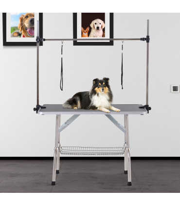 Dog Grooming Table Metal Adjustable Rubber Top 2 Safety Slings Mesh Black