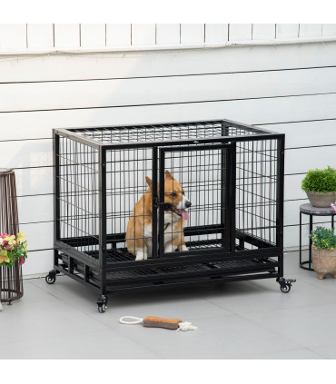 Dog Cage Pet Metal Heavy Duty with Wheels and Crate Tray for Kennel Black M L