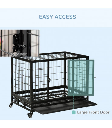 Dog Cage Pet Metal Heavy Duty with Wheels and Crate Tray for Kennel Black M L
