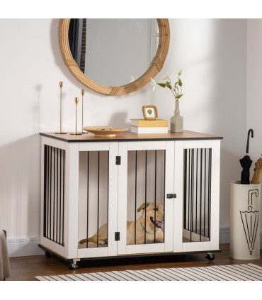 Dog Crate Furniture End Table w/ Lockable Door, for Large Dogs - White Pawhut