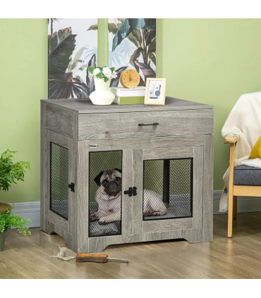 Dog Kennel Furniture Grey Particle Board 75H x 80W x 58Dcm Double-Door Crate