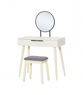 Dressing Table Vanity Set Makeup Desk with Round Mirror Cushioned Stool White