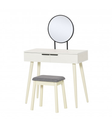 Dressing Table Vanity Set Makeup Desk with Round Mirror Cushioned Stool White