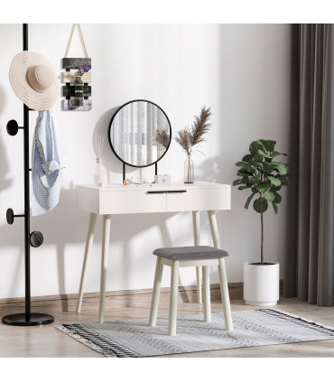 Dressing Table Vanity Set Makeup Desk with Round Mirror Cushioned Stool White
