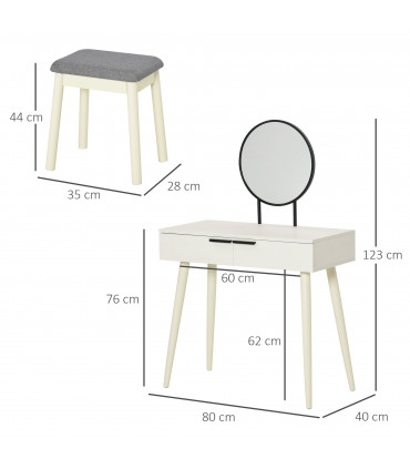 Dressing Table Vanity Set Makeup Desk with Round Mirror Cushioned Stool White