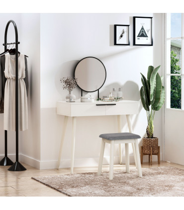 Dressing Table Vanity Set Makeup Desk with Round Mirror Cushioned Stool White