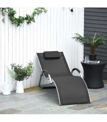 Lounger Chair Aluminium Black 160cm x 60cm x 65 cm Ergonomic Removable Headrest