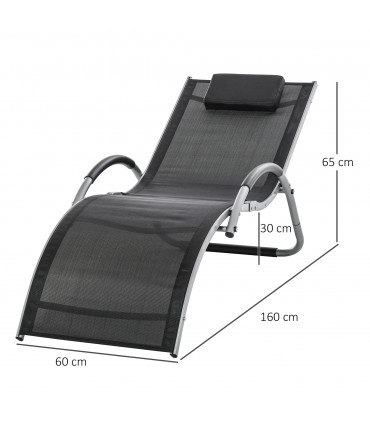 Lounger Chair Aluminium Black 160cm x 60cm x 65 cm Ergonomic Removable Headrest