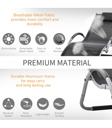 Lounger Chair Aluminium Black 160cm x 60cm x 65 cm Ergonomic Removable Headrest