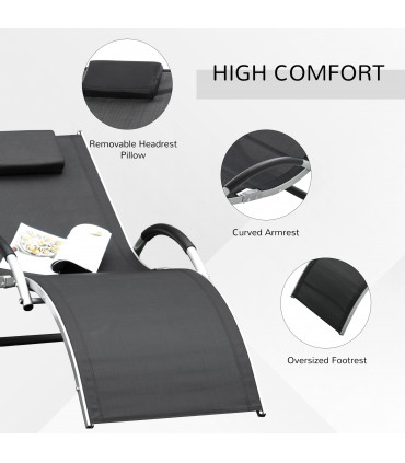 Lounger Chair Aluminium Black 160cm x 60cm x 65 cm Ergonomic Removable Headrest